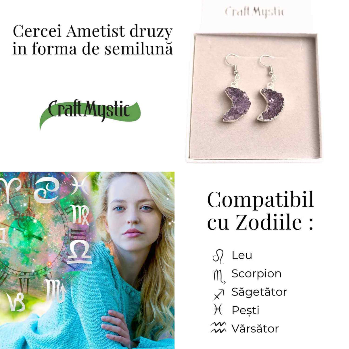 Cercei Argintii cu Ametist Druzy Natural Semilună