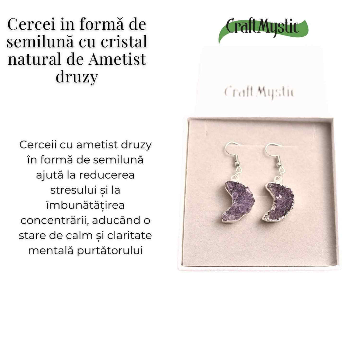 Cercei Argintii cu Ametist Druzy Natural Semilună