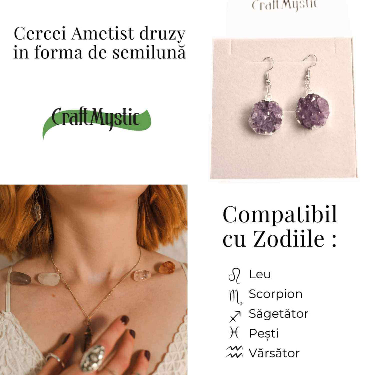 Cercei Argintii cu Ametist Druzy Natural Rotund