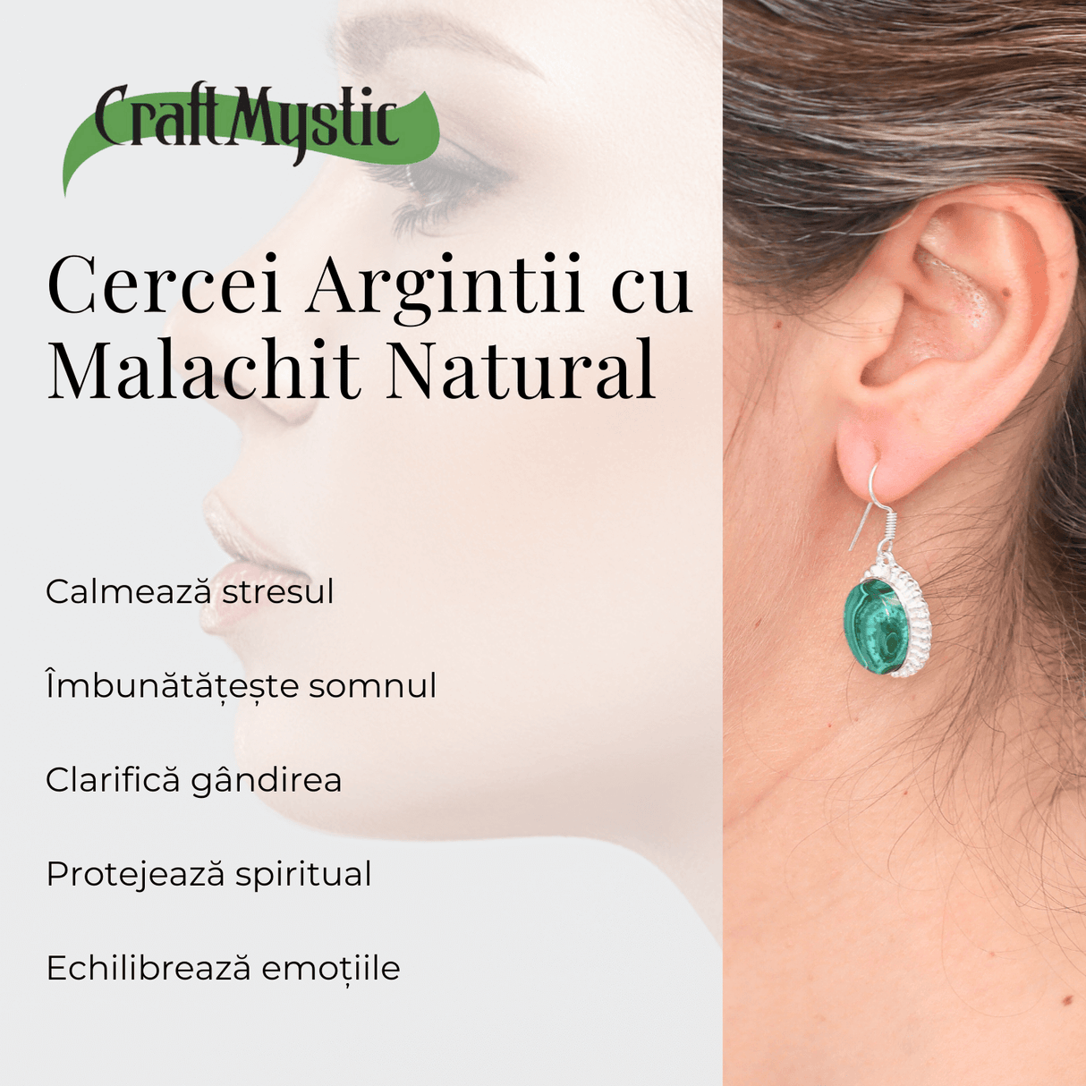 Cercei Argintii Eleganti cu Malachit Natural Oval de 16mm