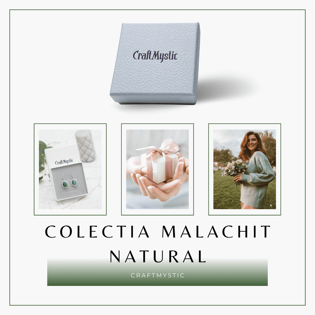 Cercei Argintii Eleganti cu Malachit Natural Oval de 16mm