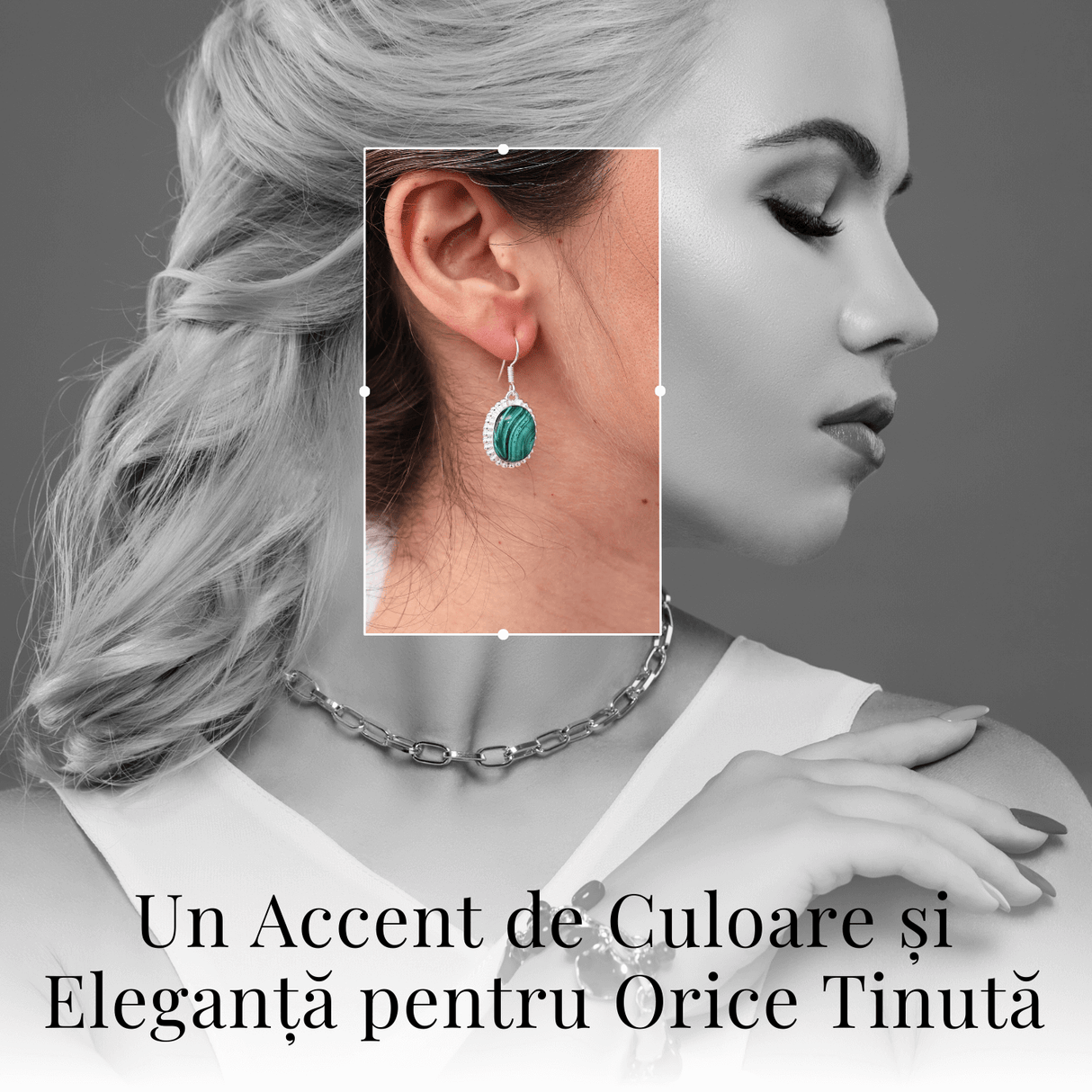 Cercei Argintii Eleganti cu Malachit Natural Oval de 16mm