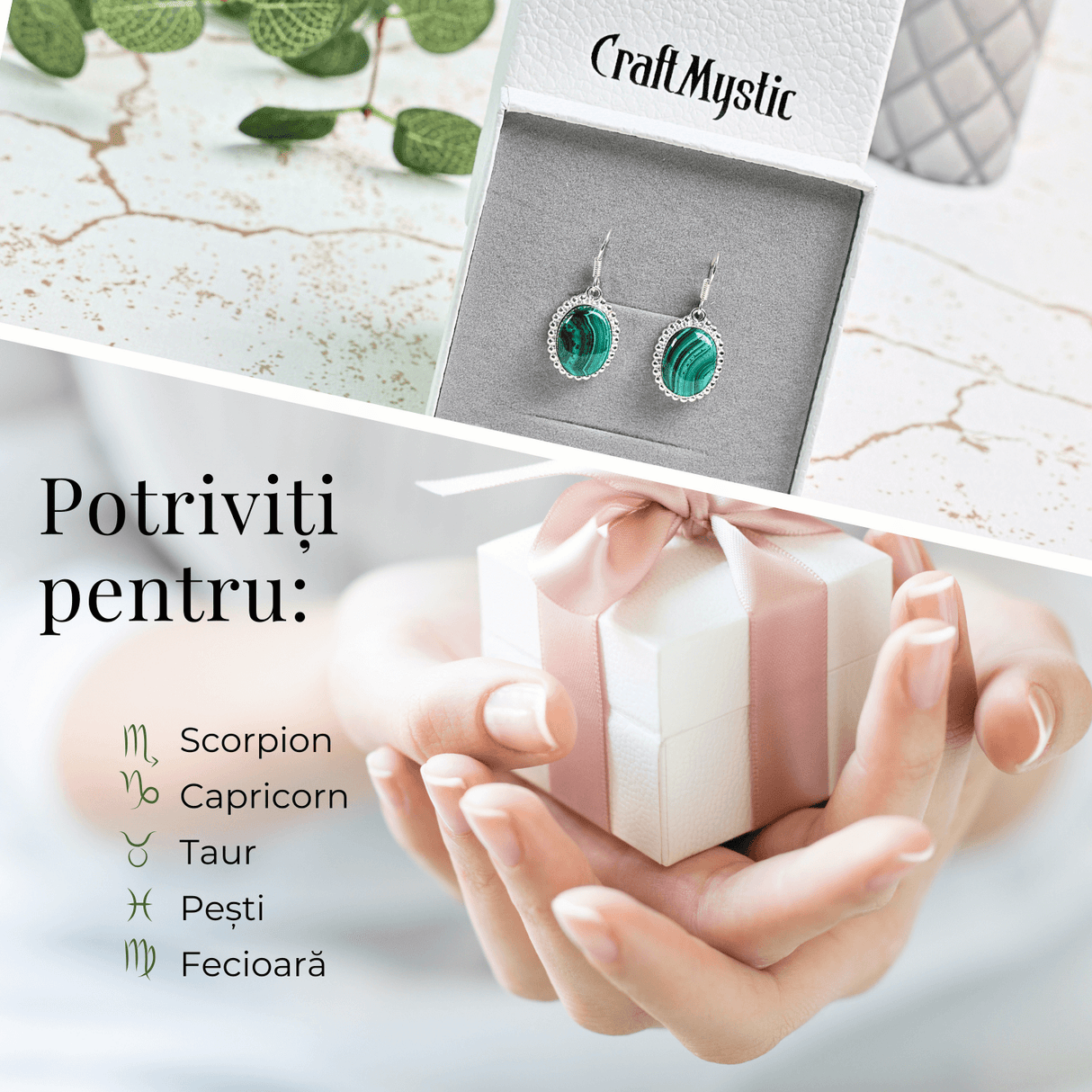 Cercei Argintii Eleganti cu Malachit Natural Oval de 16mm