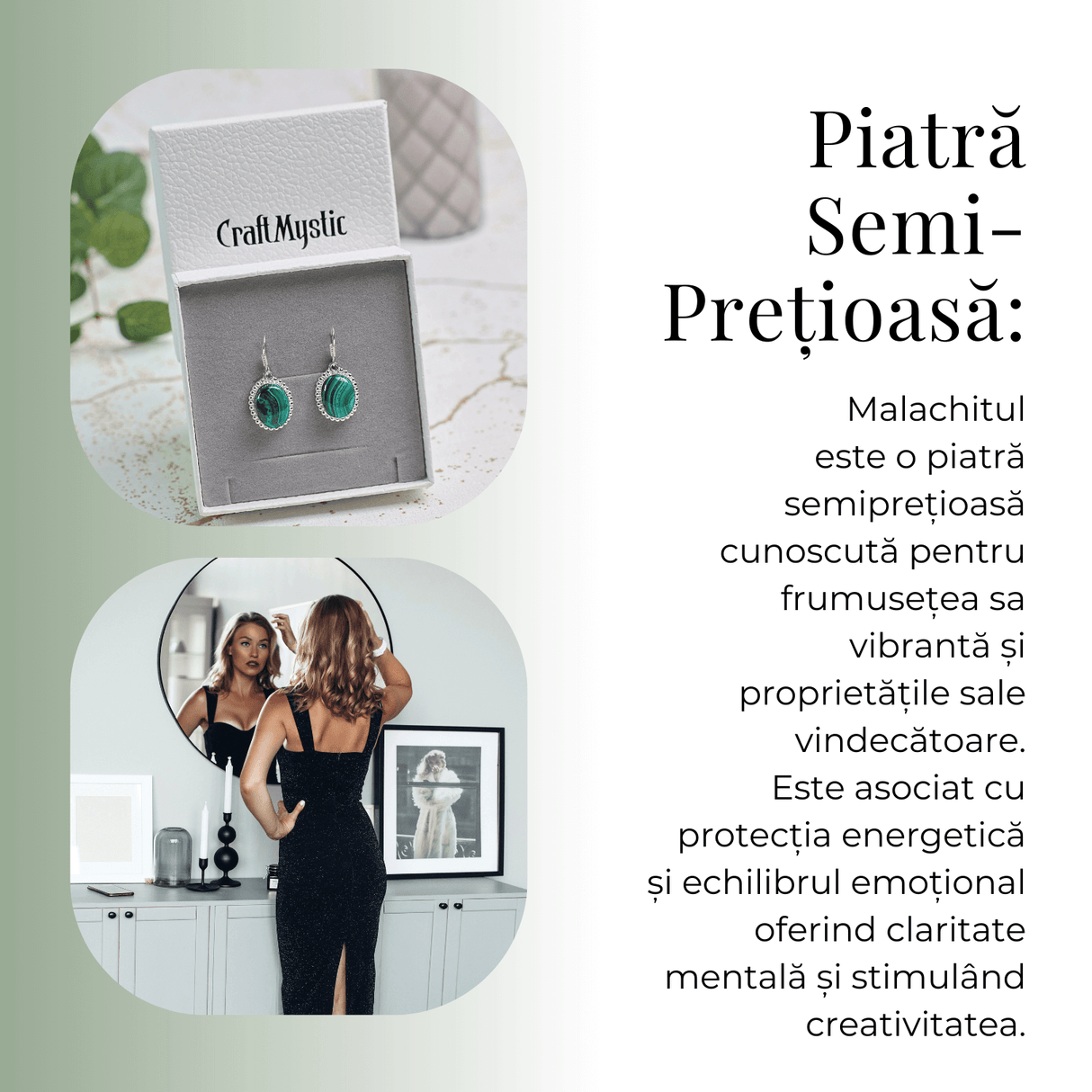 Cercei Argintii Eleganti cu Malachit Natural Oval de 16mm