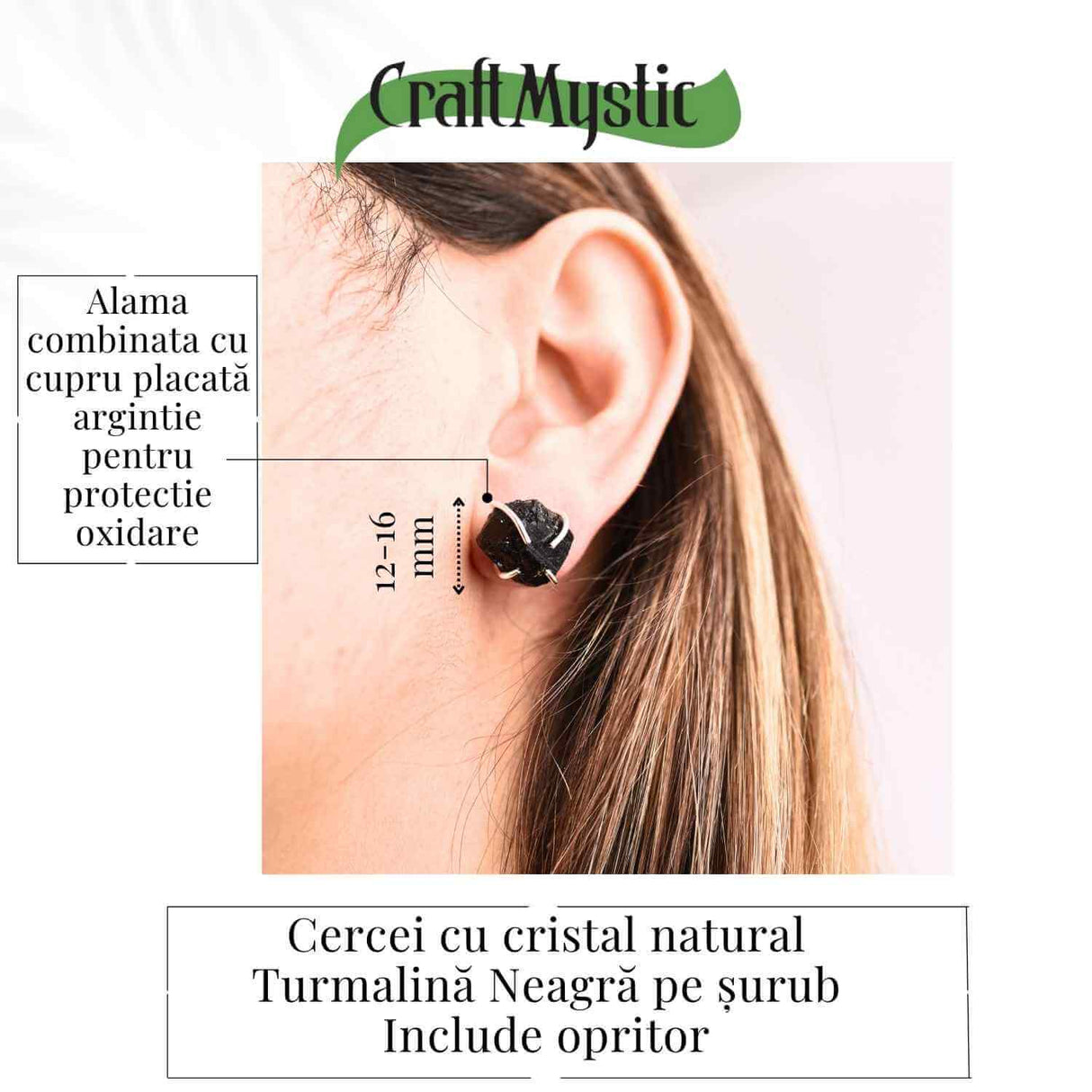 Cercei cu Turmalina Neagra Bruta Inchidere Tija cu opritor– Protectie si Stabilitate