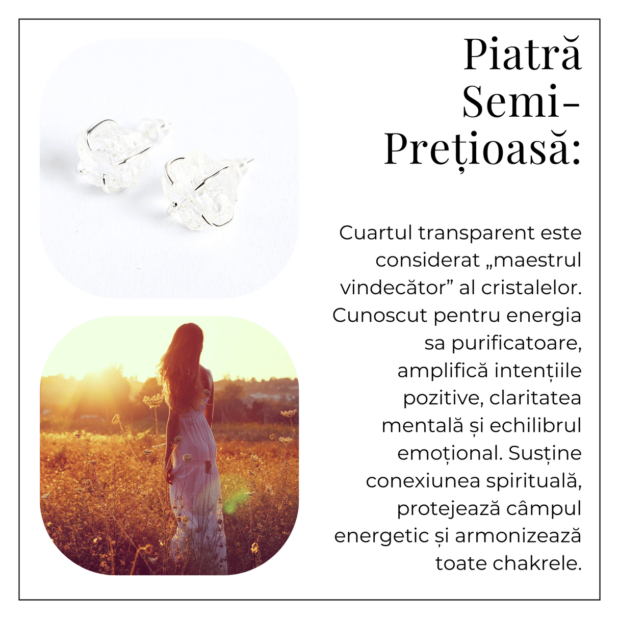 Cristalul puritatii – Cercei stud argintii cu cuart transparent natural