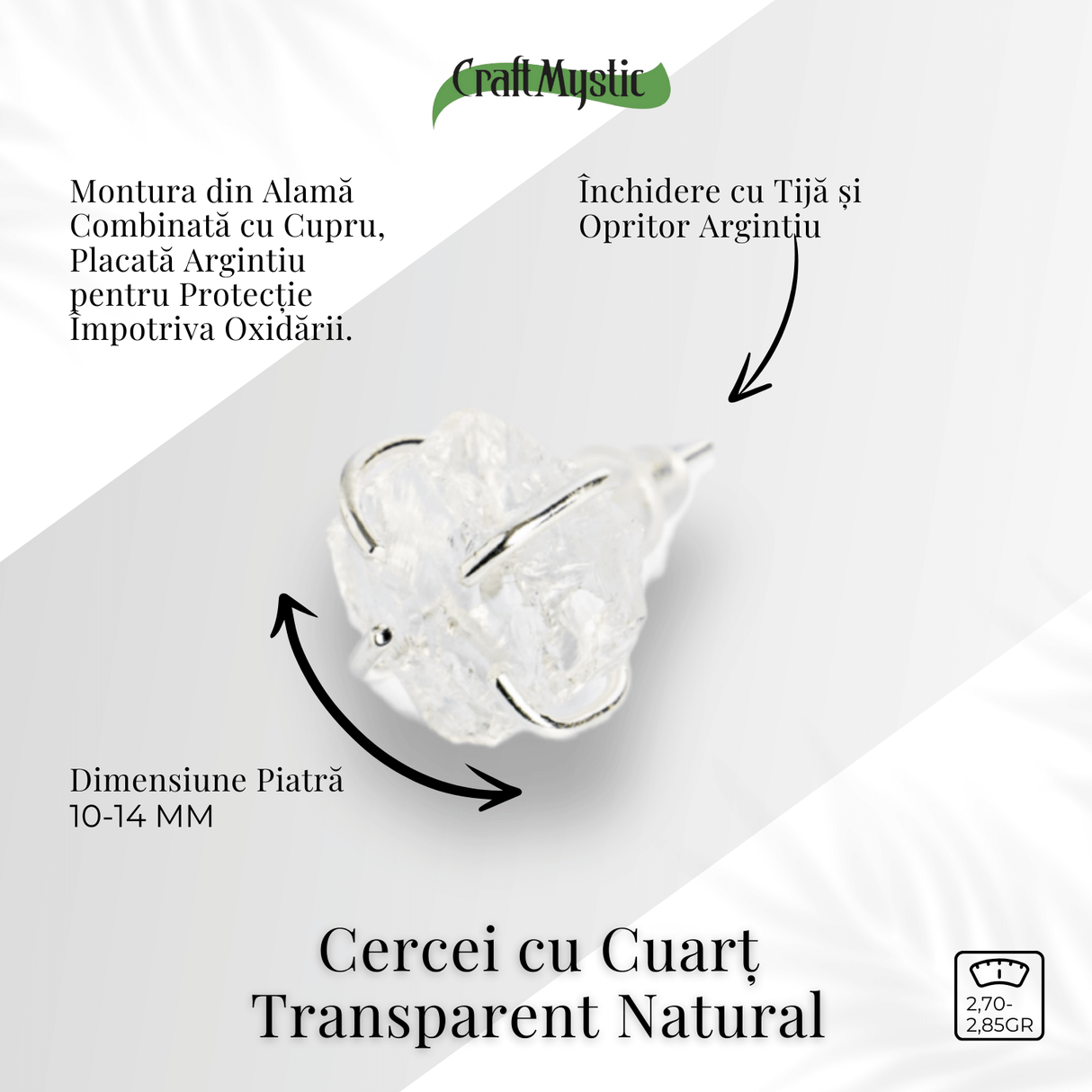 Cristalul puritatii – Cercei stud argintii cu cuart transparent natural