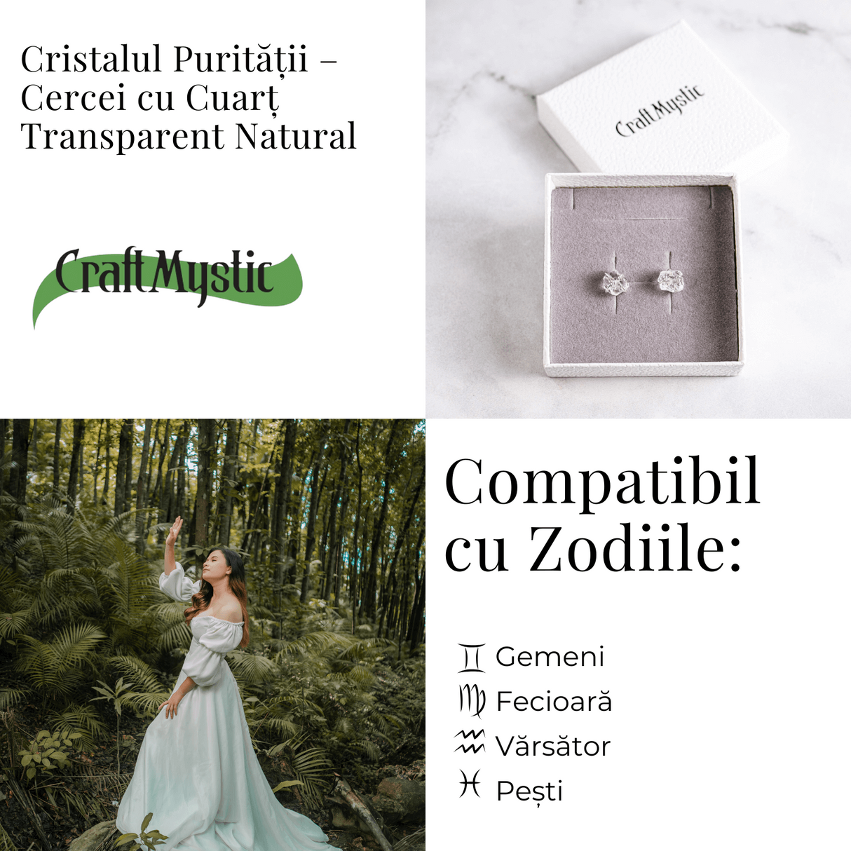 Cristalul puritatii – Cercei stud argintii cu cuart transparent natural