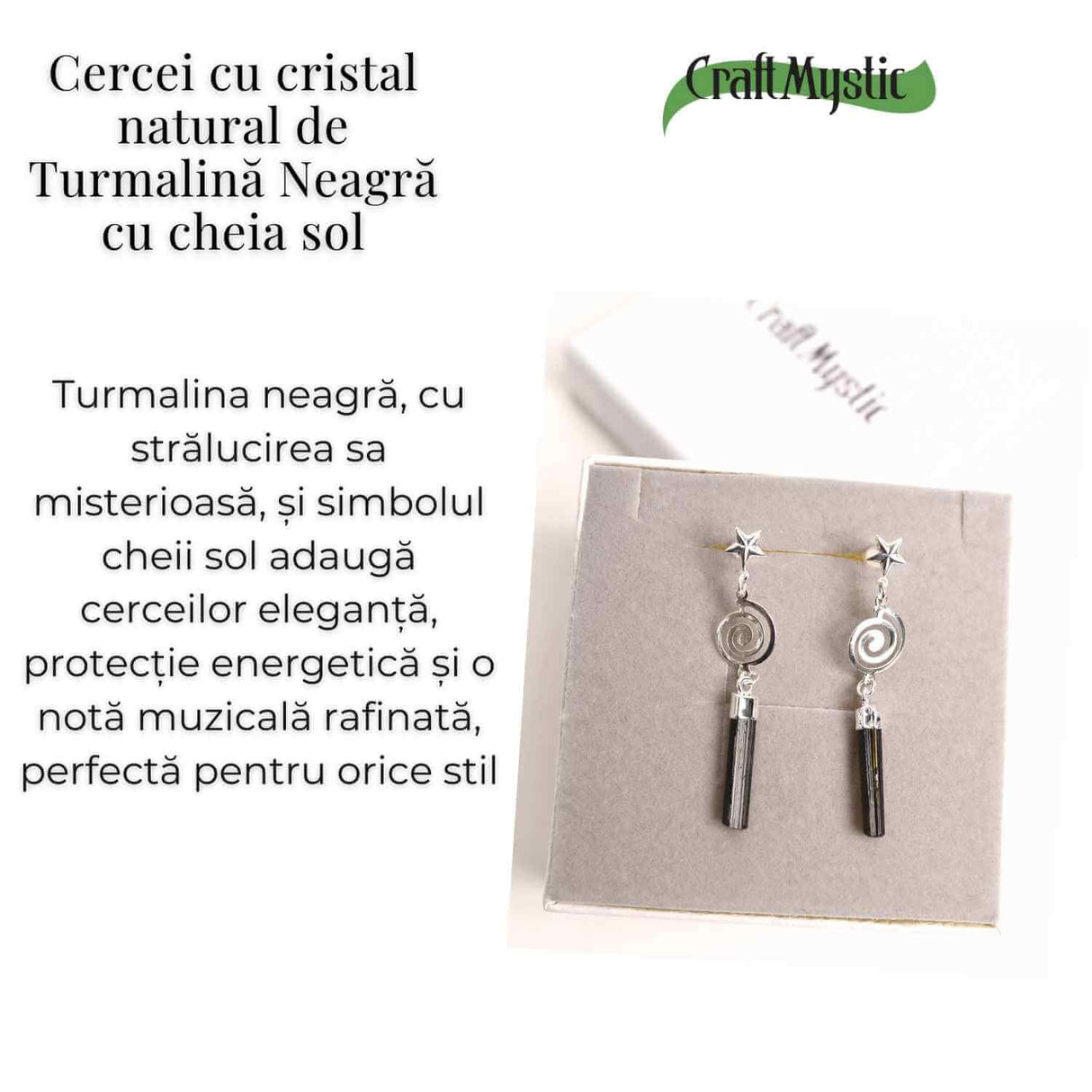 Cercei Argintii cu Turmalina, Cheia Sol si Stea, Protectie si Eleganta Unica