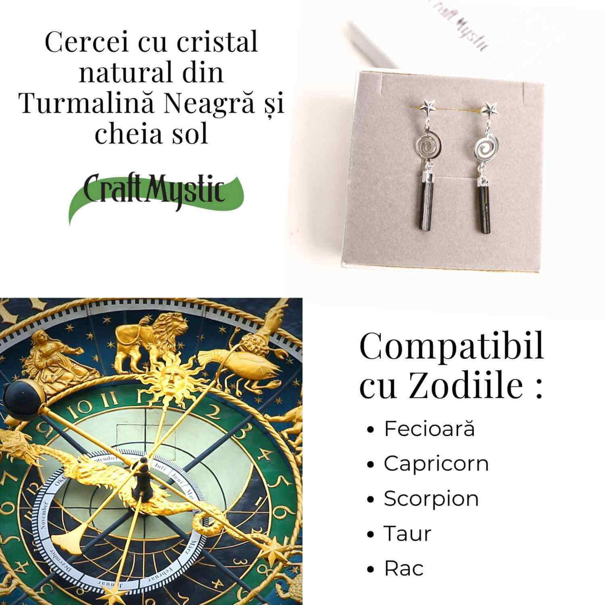 Cercei Argintii cu Turmalina, Cheia Sol si Stea, Protectie si Eleganta Unica