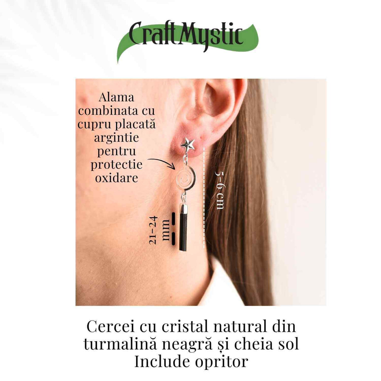 Cercei Argintii cu Turmalina, Cheia Sol si Stea, Protectie si Eleganta Unica