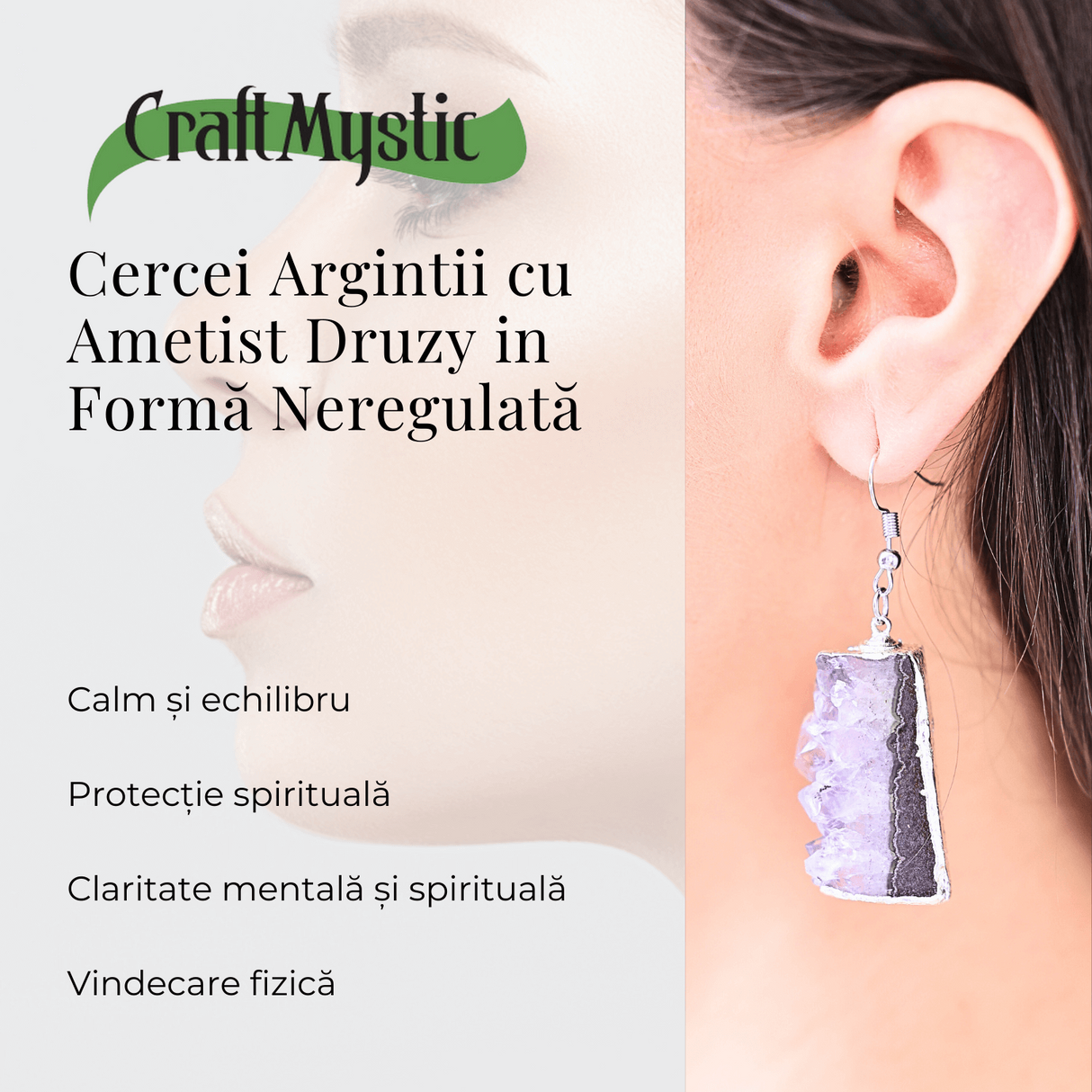 Cercei argintii cu Ametist druzy neregulat, pentru calm si echilibru spiritual