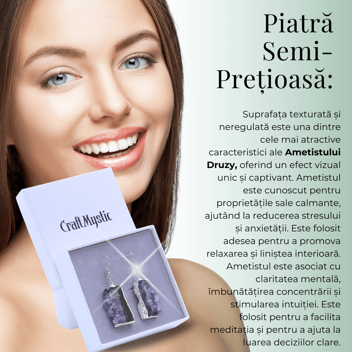 Cercei argintii cu Ametist druzy neregulat, pentru calm si echilibru spiritual