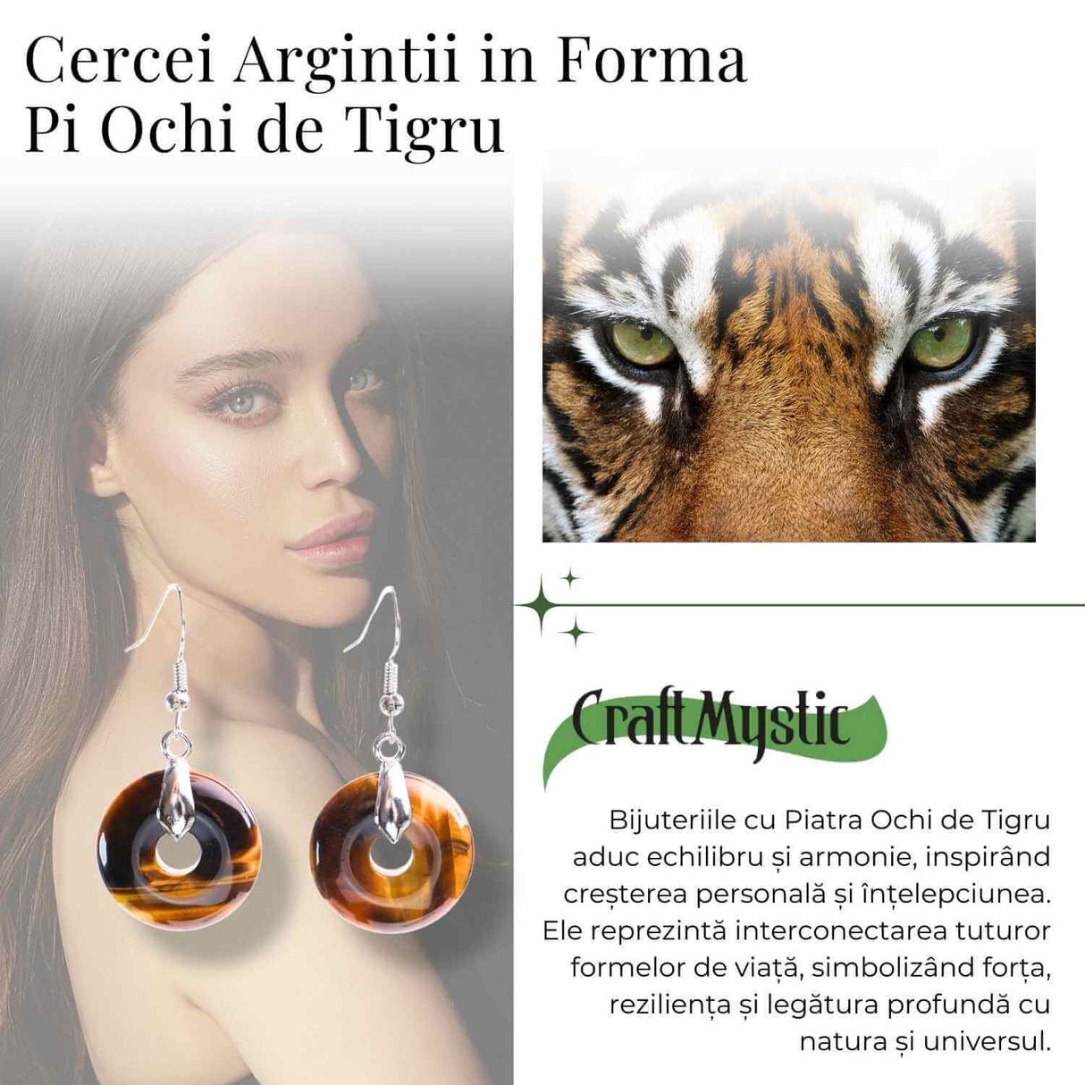 Cercei Argintii Ochi de Tigru Forma Pi - Protectie si Incredere