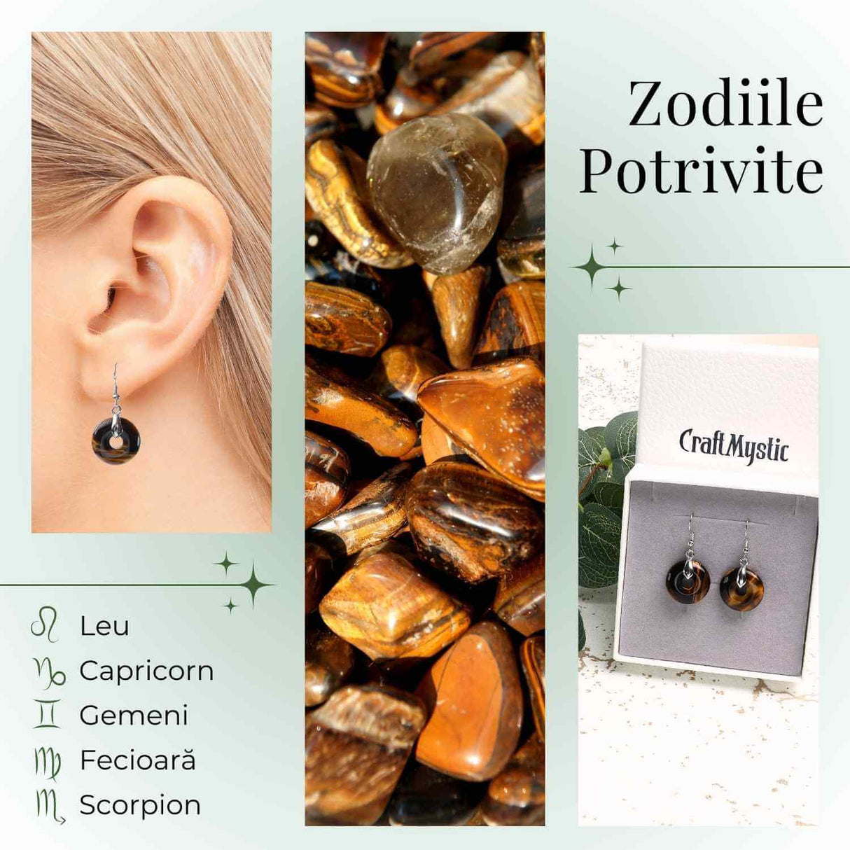 Cercei Argintii Ochi de Tigru Forma Pi - Protectie si Incredere