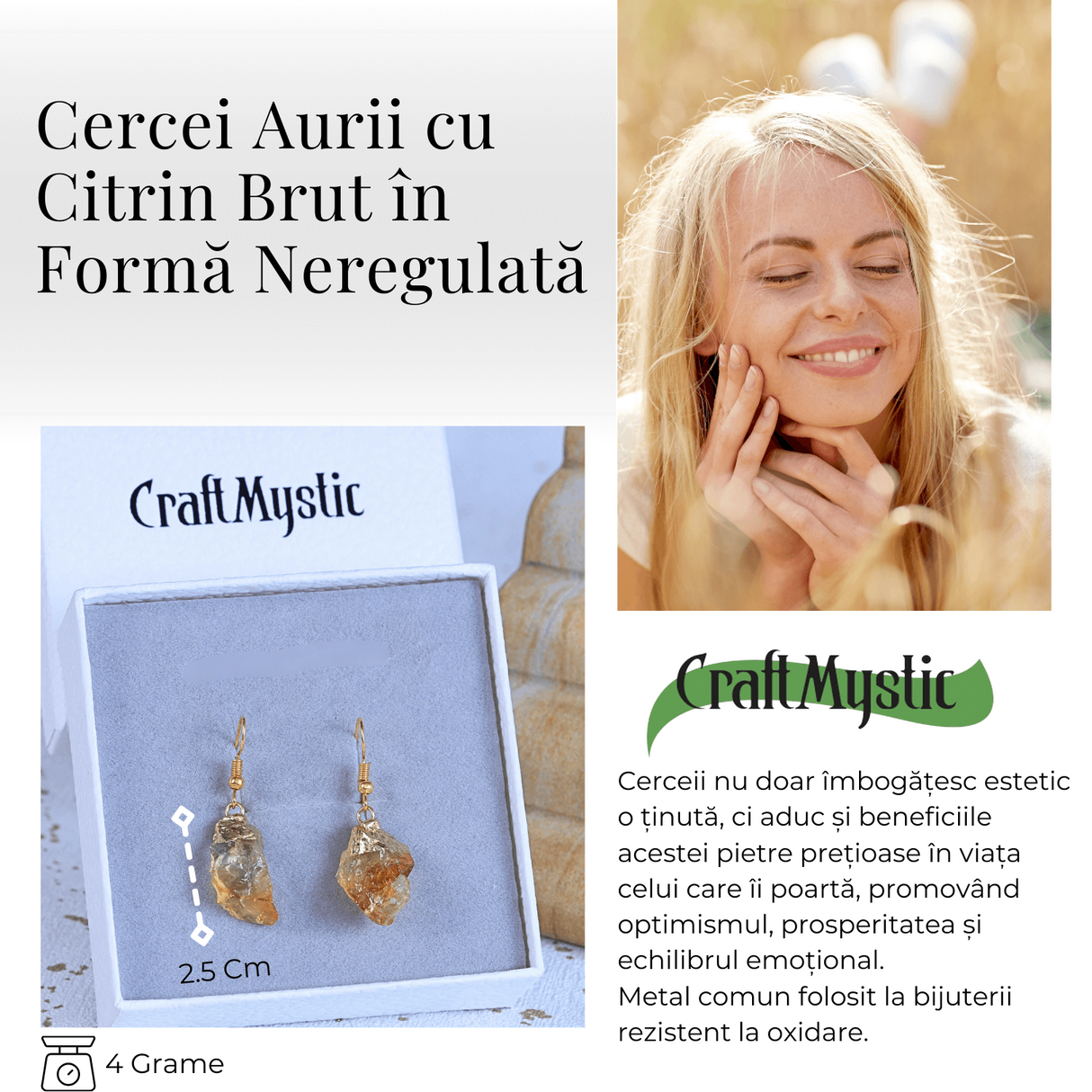 Cercei aurii cu citrin brut neregulat, pentru energie si prosperitate