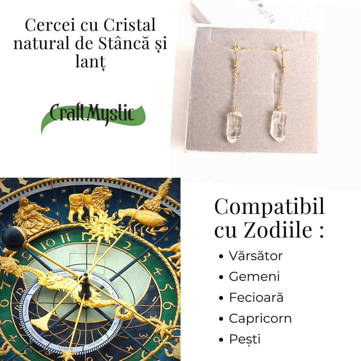 Cercei Aurii cu Lant si Cristal de Stanca, Claritate si Eleganța