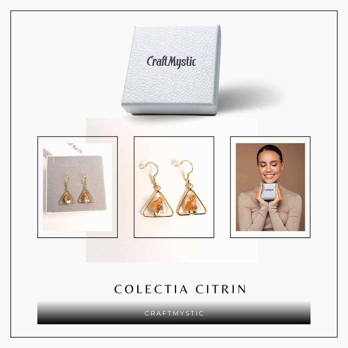 Cercei Aurii model Triunghi cu Citrin, Eleganta si Energie Pozitiva