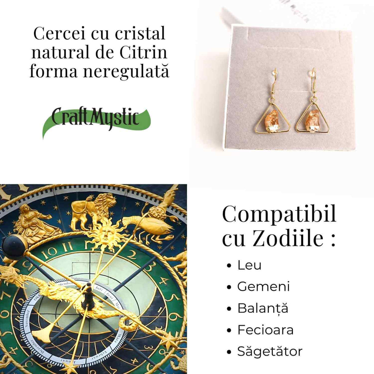 Cercei Aurii model Triunghi cu Citrin, Eleganta si Energie Pozitiva