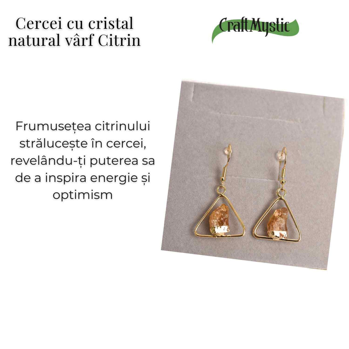 Cercei Aurii model Triunghi cu Citrin, Eleganta si Energie Pozitiva