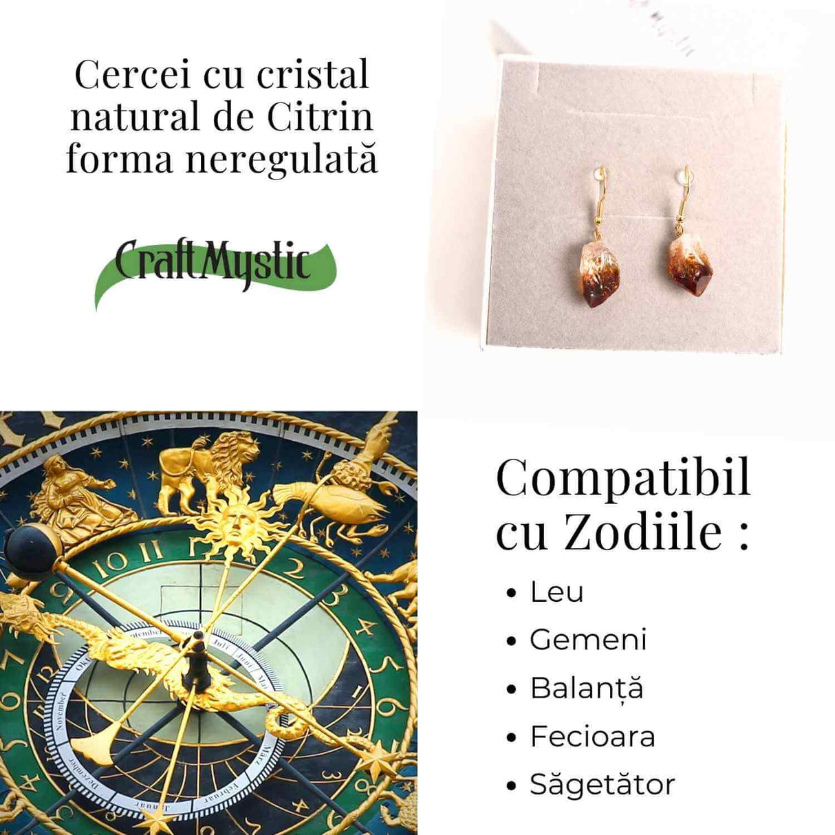 Cercei Aurii cu Citrin Brut Neregulat, Energie Pozitiva si Eleganta Naturala