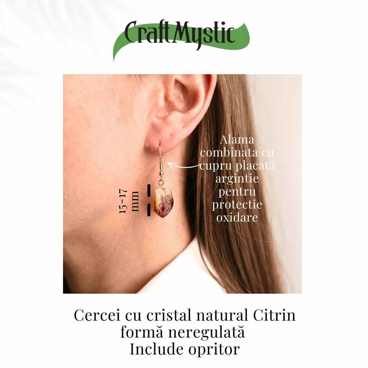 Cercei Aurii cu Citrin Brut Neregulat, Energie Pozitiva si Eleganta Naturala