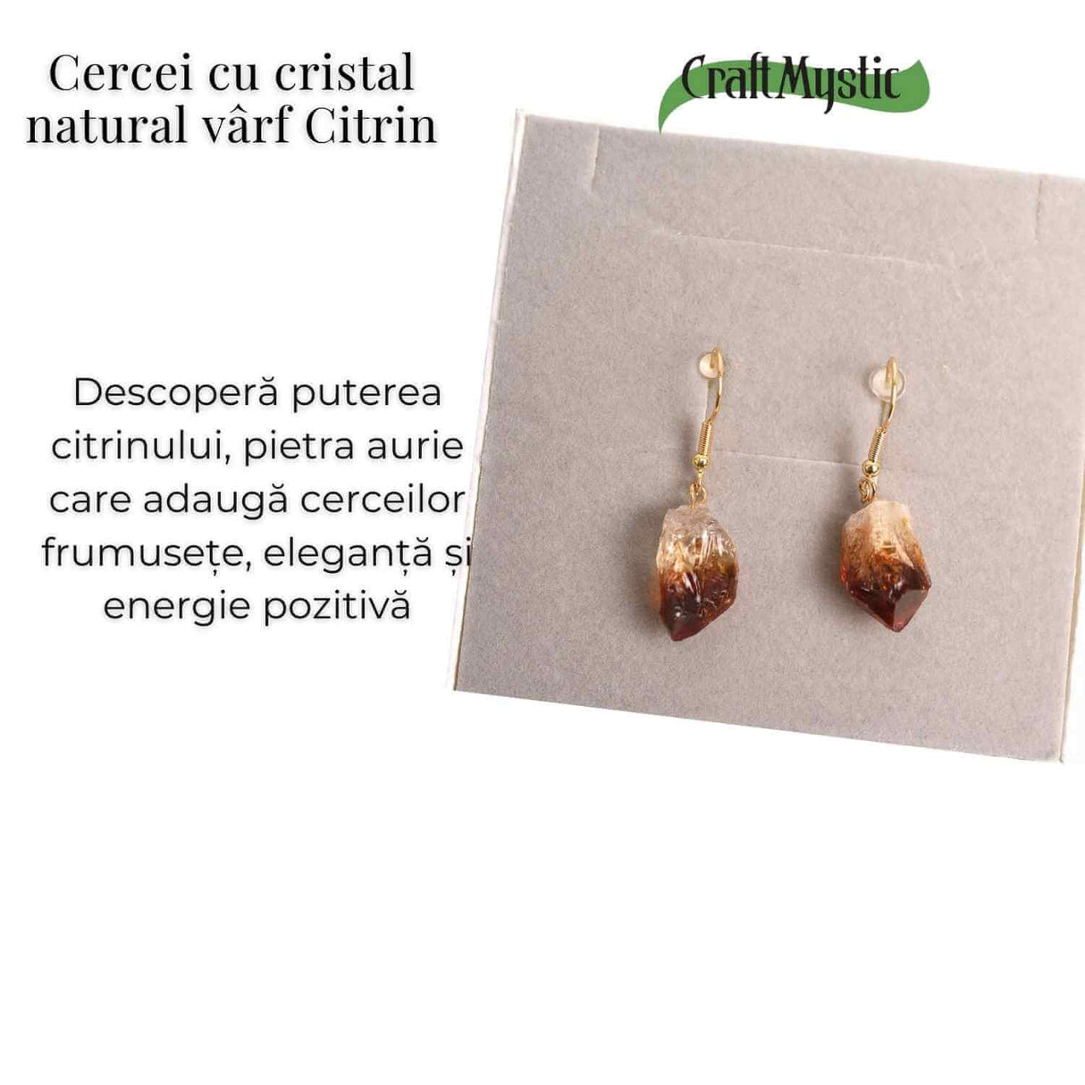 Cercei Aurii cu Citrin Brut Neregulat, Energie Pozitiva si Eleganta Naturala