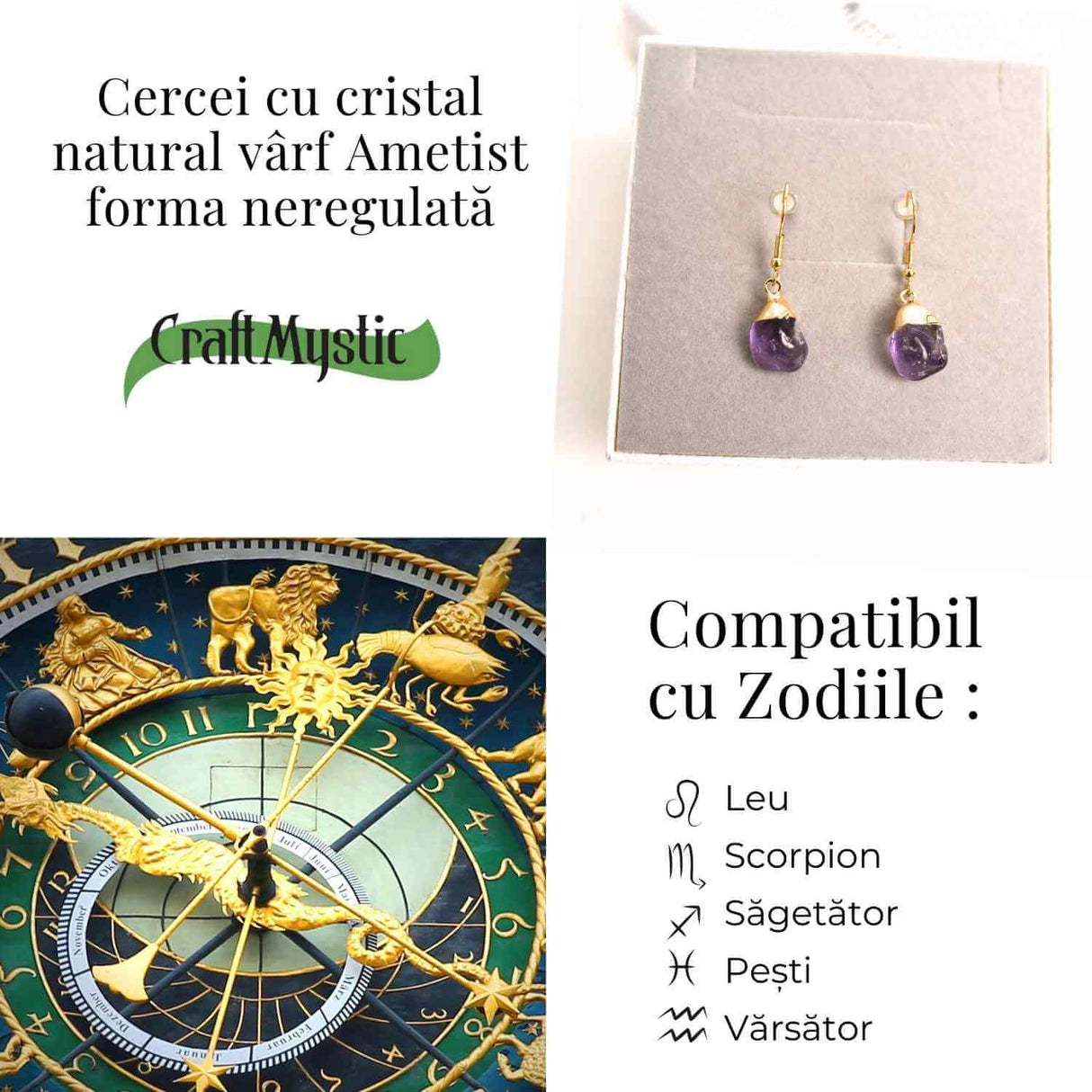 Cercei Aurii cu Ametist Rulat, Calm si Eleganta Naturala