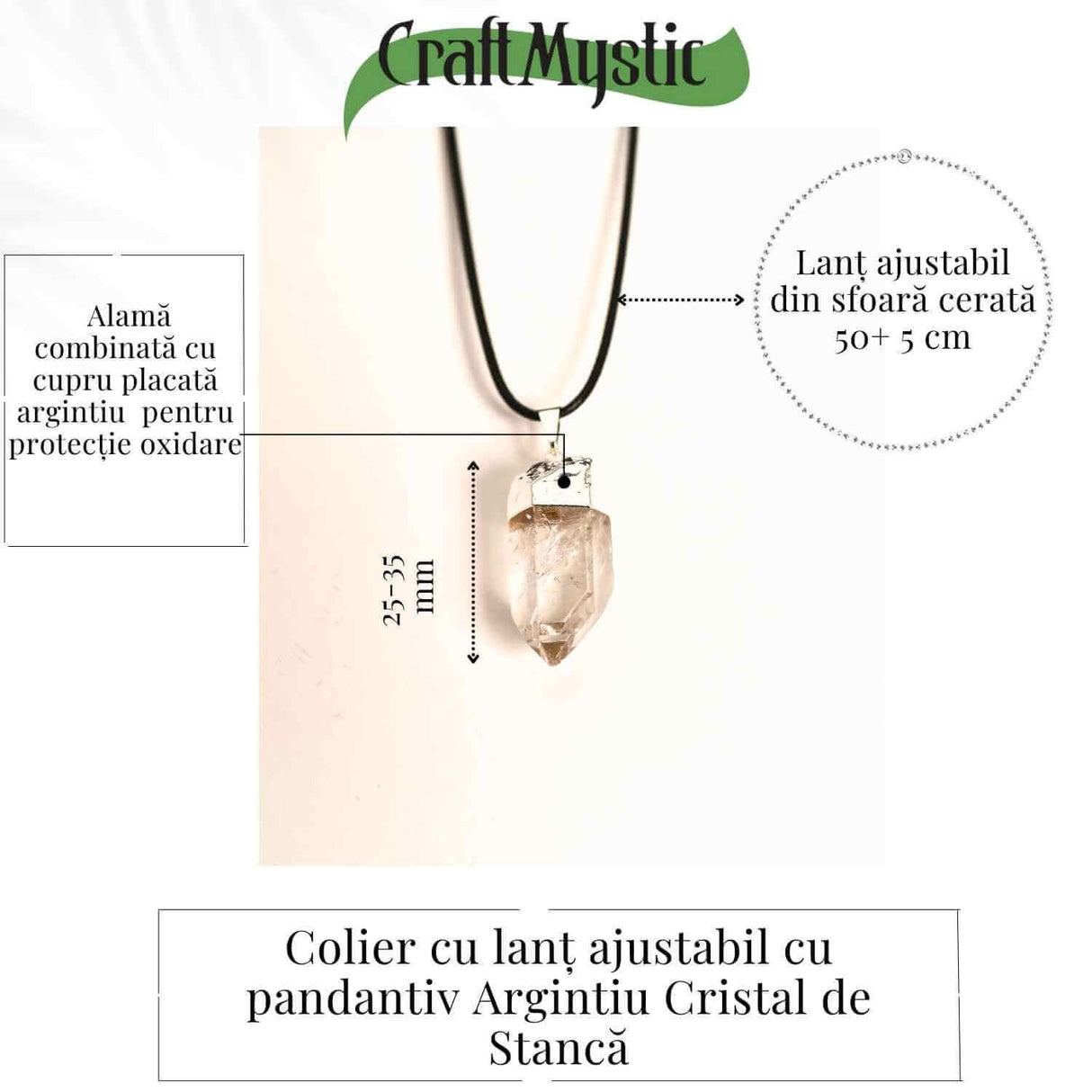 Colier cu pandantiv argintiu din cuart de stanca – Claritate si Energie Pozitiva