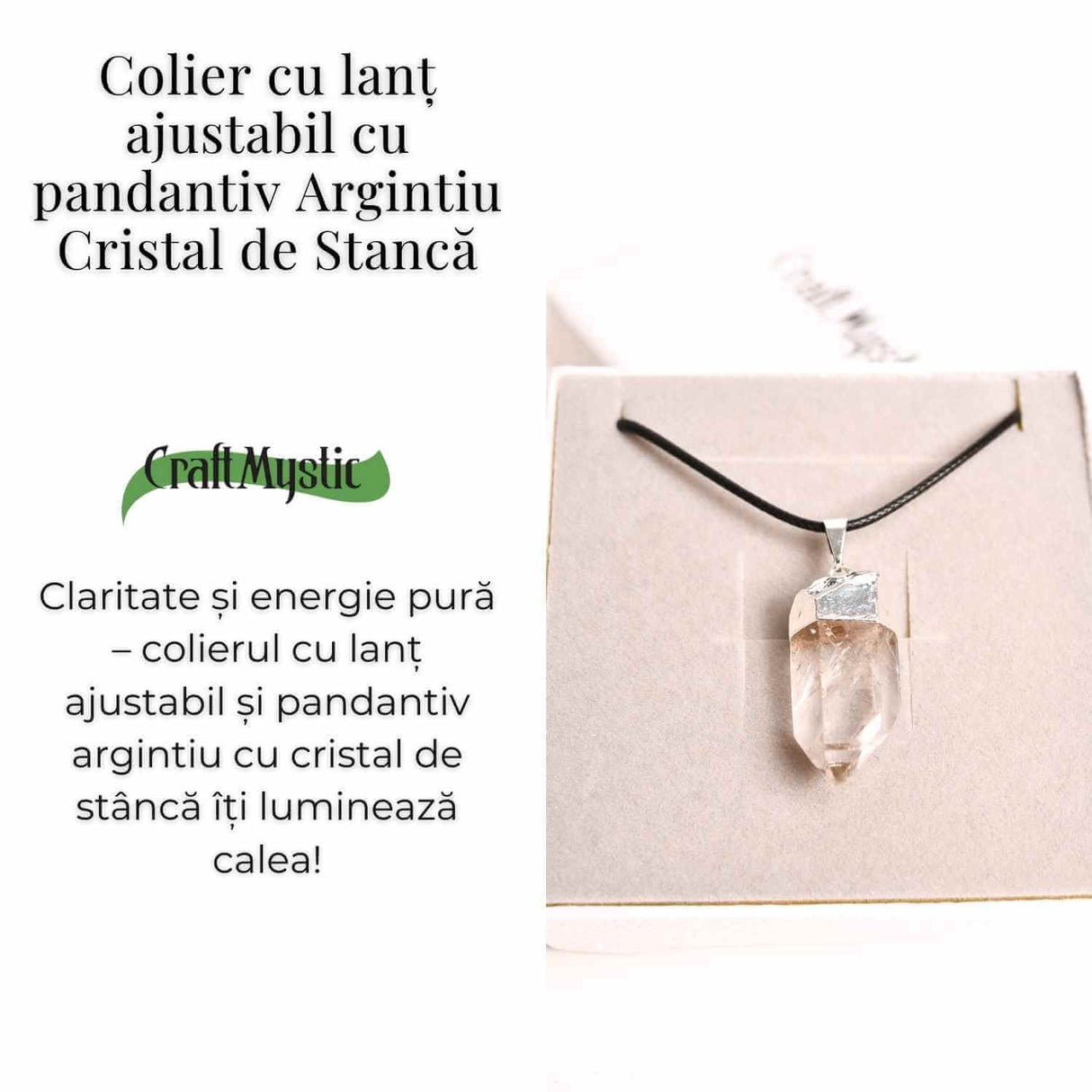 Colier cu pandantiv argintiu din cuart de stanca – Claritate si Energie Pozitiva