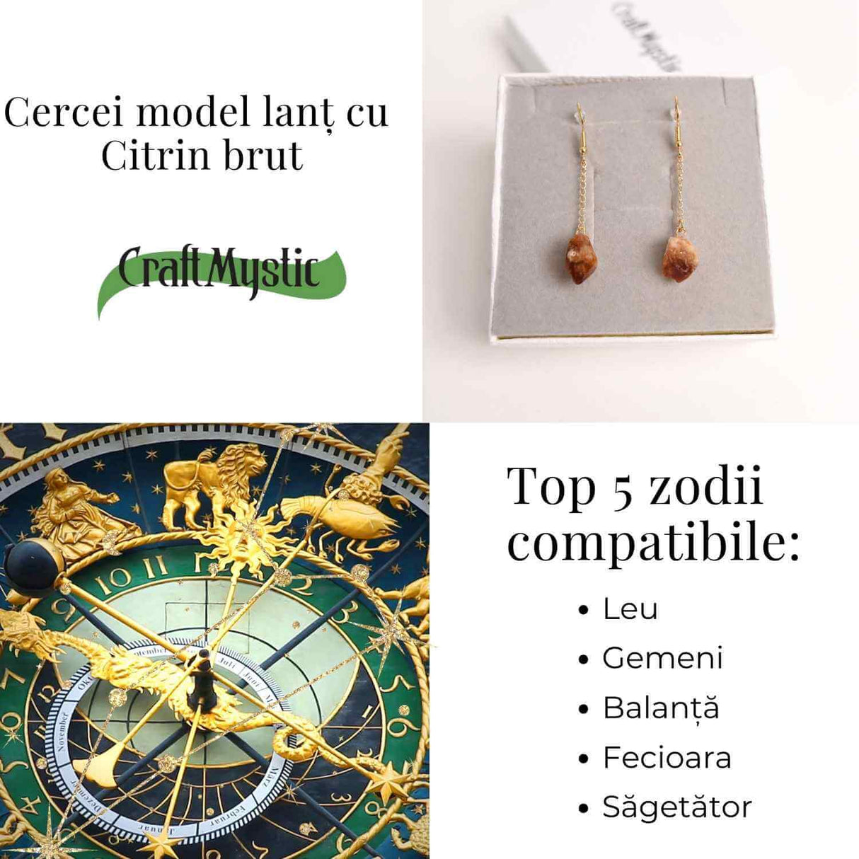 Cercei Aurii model lant cu Citrin Brut – Prosperitate si Eleganta Naturala