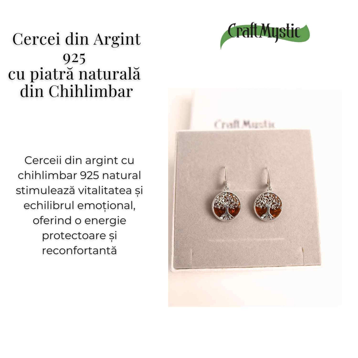 Cercei Argint 925 cu Chihlimbar si Arborele Vietii