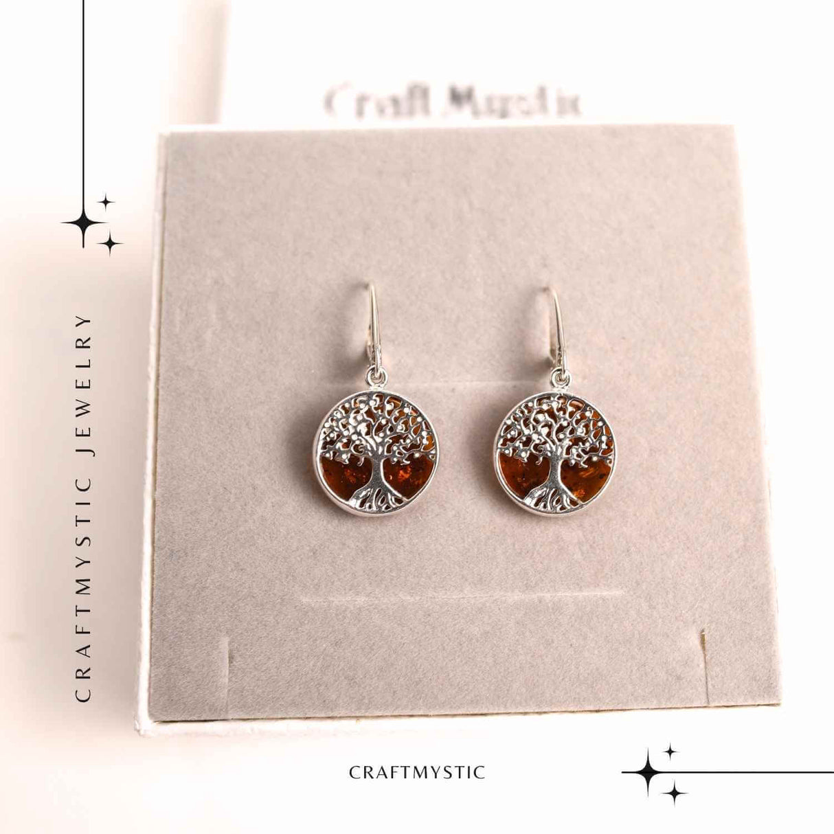 Cercei Argint 925 cu Chihlimbar si Arborele Vietii