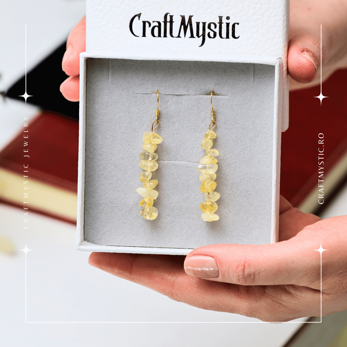 Cercei Lungi cu Pietre Semipretioase de Citrin Natural si Elemente din Alama, Bijuterii Aurii pentru Femei