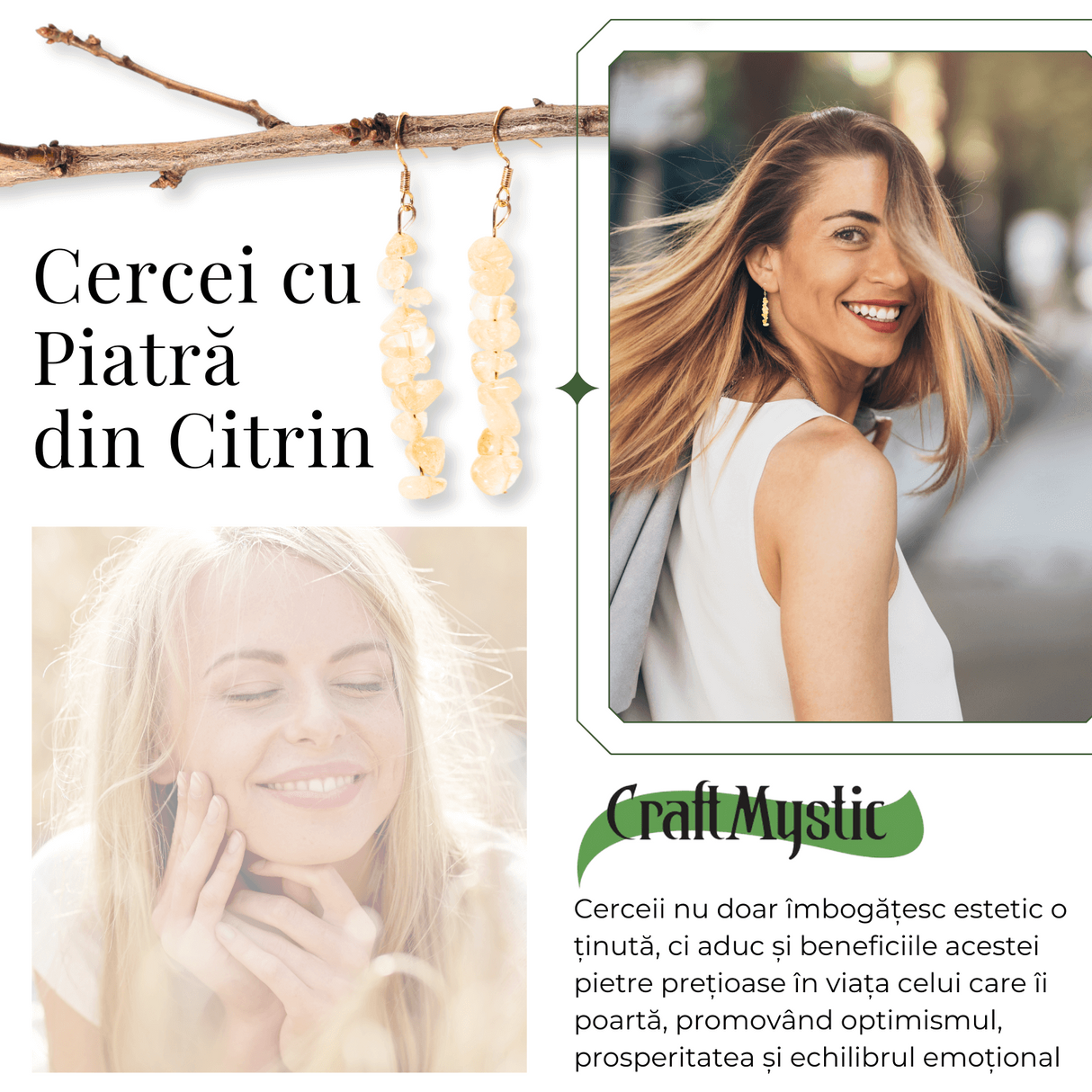 Cercei Lungi cu Pietre Semipretioase de Citrin Natural si Elemente din Alama, Bijuterii Aurii pentru Femei