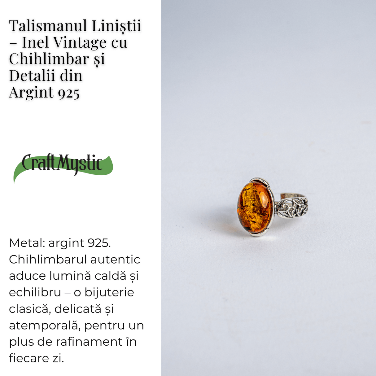 Talismanul linistii – Inel vintage cu chihlimbar si detalii din argint 925