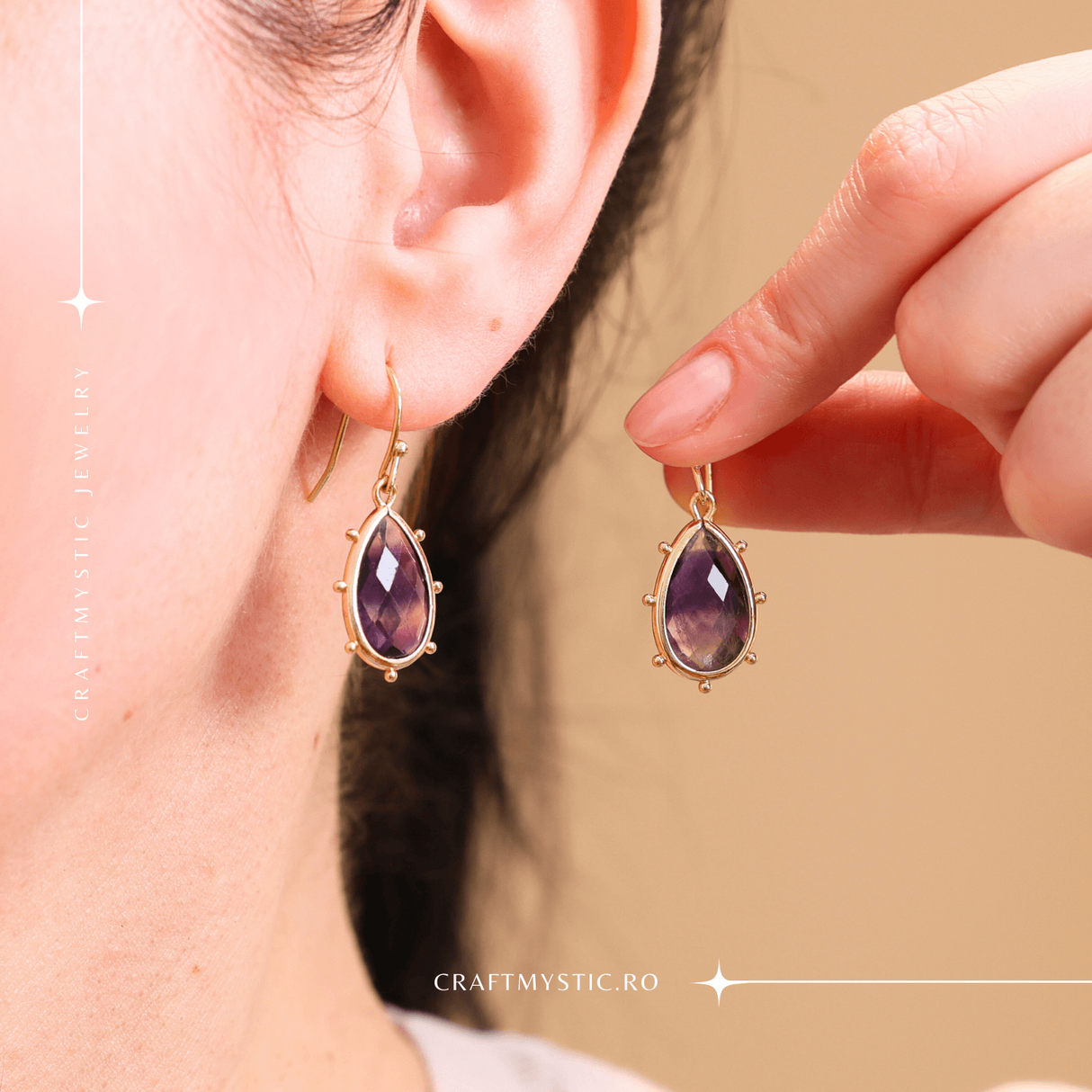 Cercei Aurii Eleganti cu Ametist Fatetat