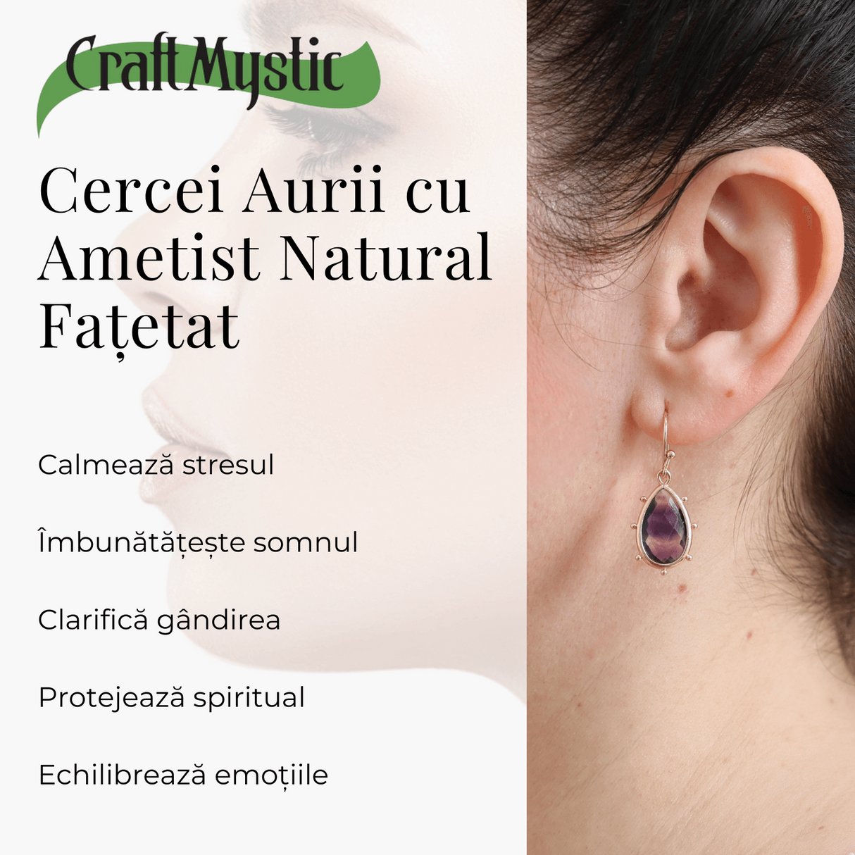 Cercei Aurii Eleganti cu Ametist Fatetat