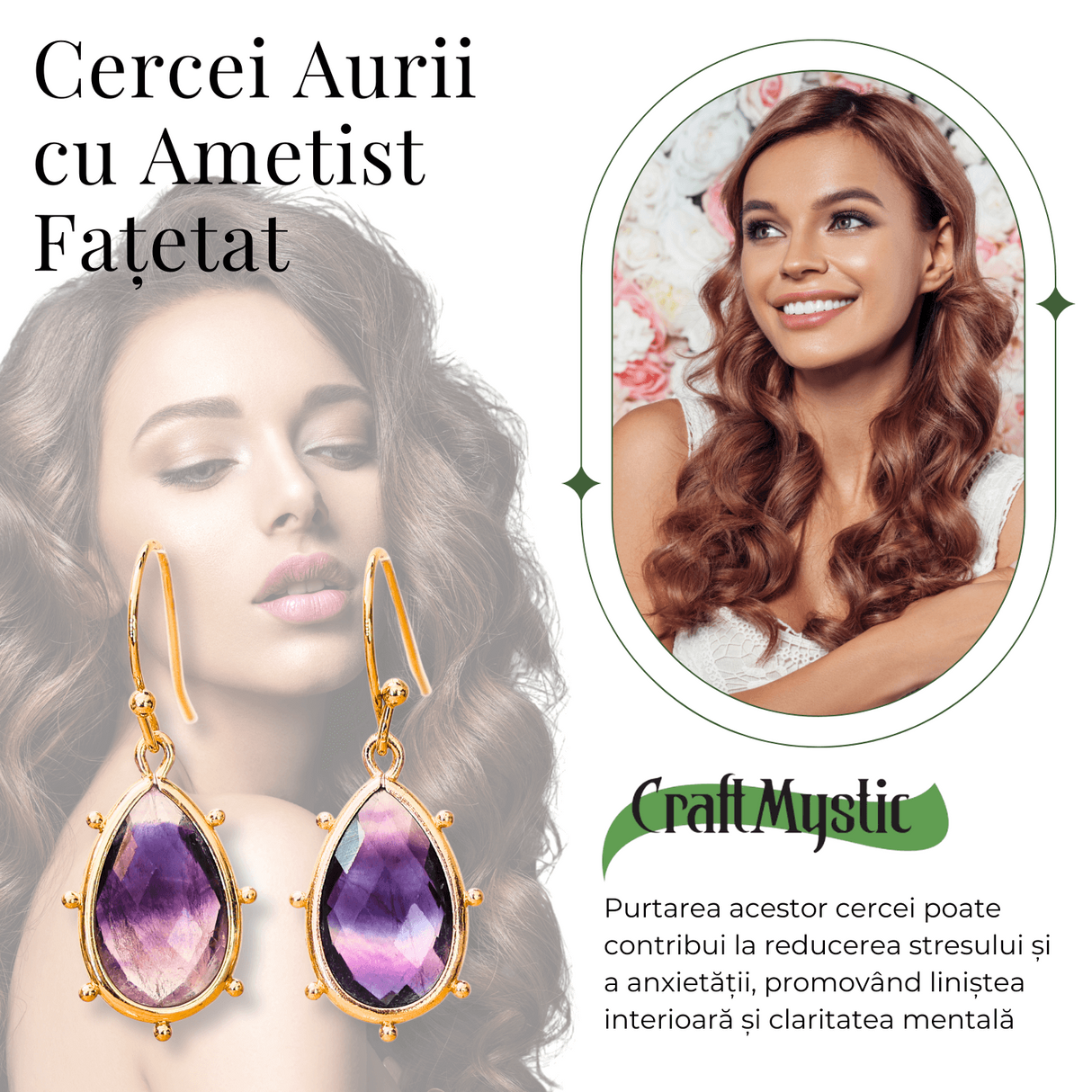 Cercei Aurii Eleganti cu Ametist Fatetat