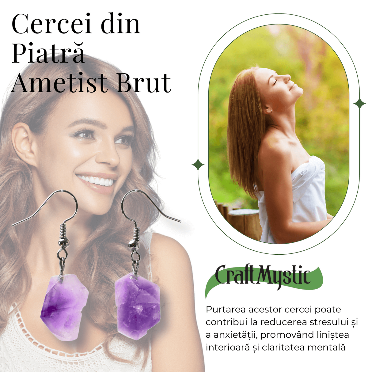 Cercei Argintii cu Ametist Natural Brut in Forma Neregulata