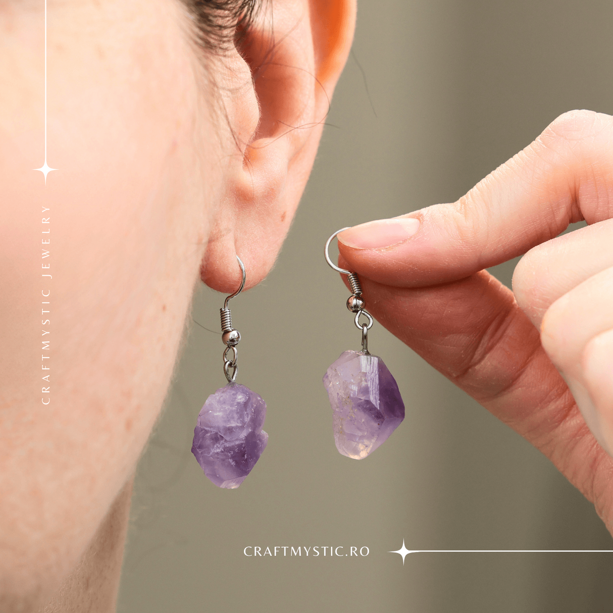 Cercei Argintii cu Ametist Natural Brut in Forma Neregulata