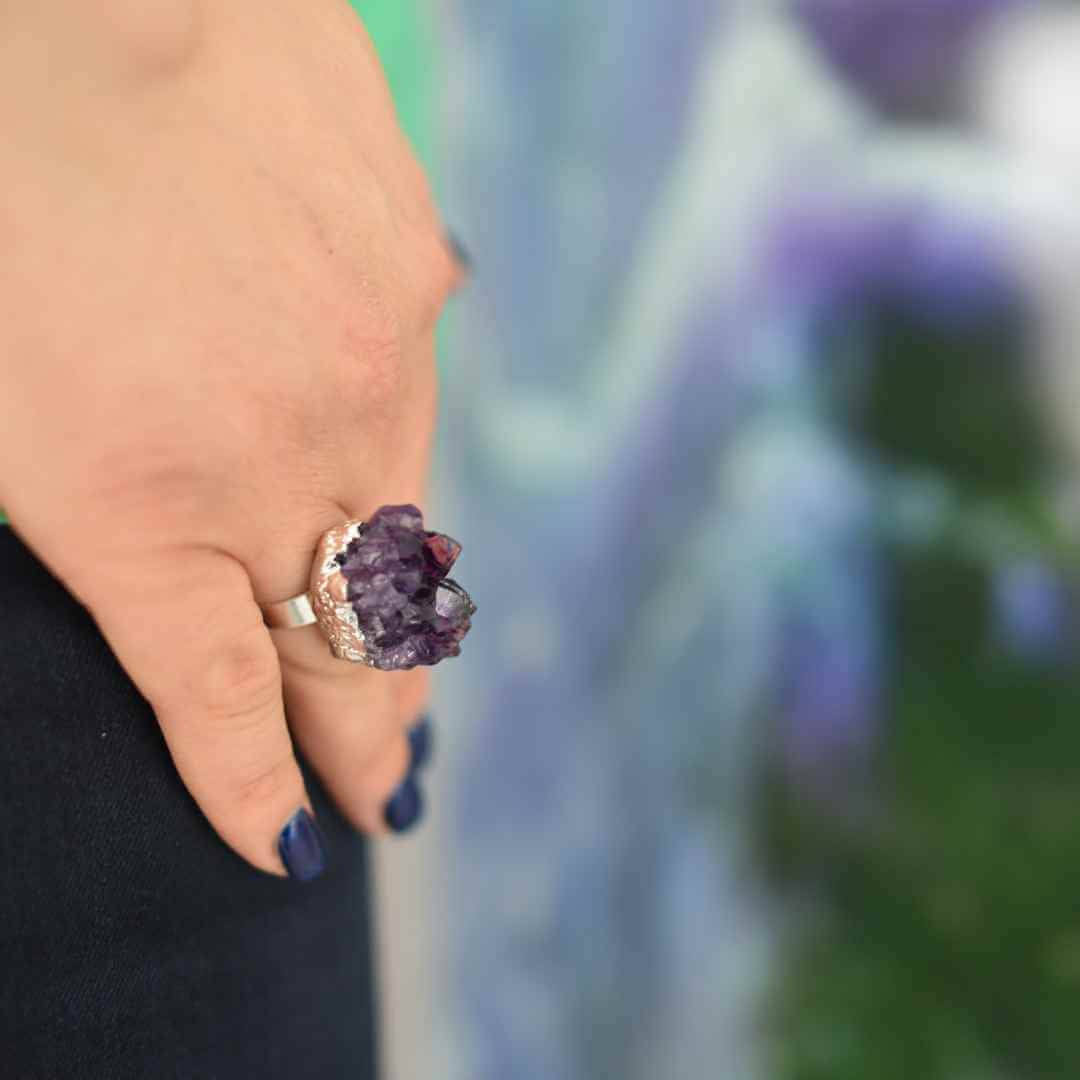 Inel ajustabil cu piatra naturala cluster Ametist