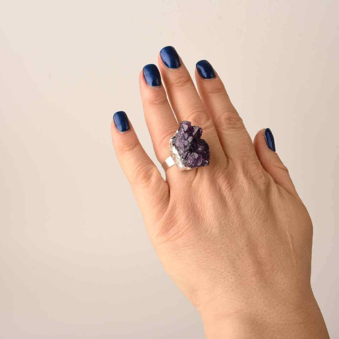 Inel ajustabil cu piatra naturala cluster Ametist