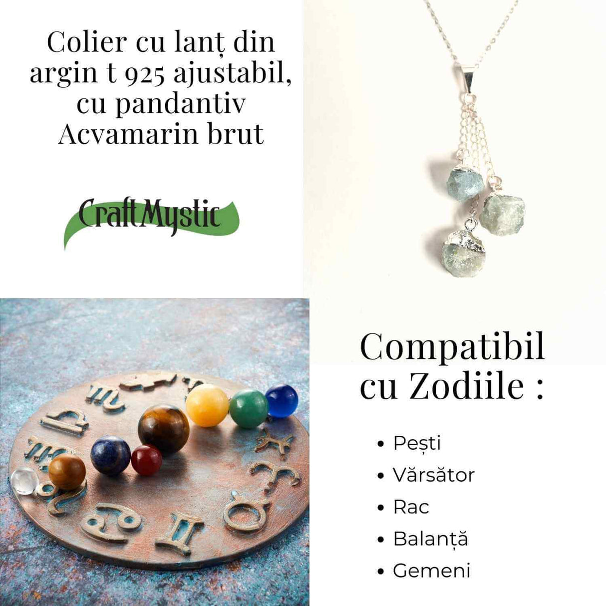 Colier cu lant argint 925 si pandantiv argintiu cu 3 pietre de Acvamarin – Calm si Eleganta