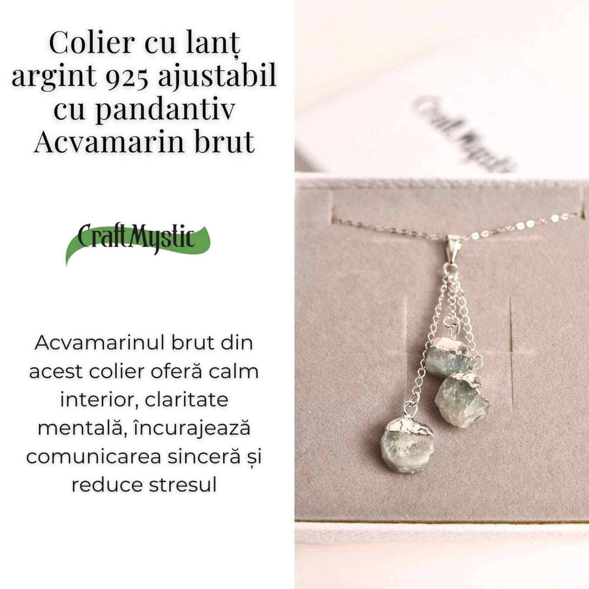 Colier cu lant argint 925 si pandantiv argintiu cu 3 pietre de Acvamarin – Calm si Eleganta