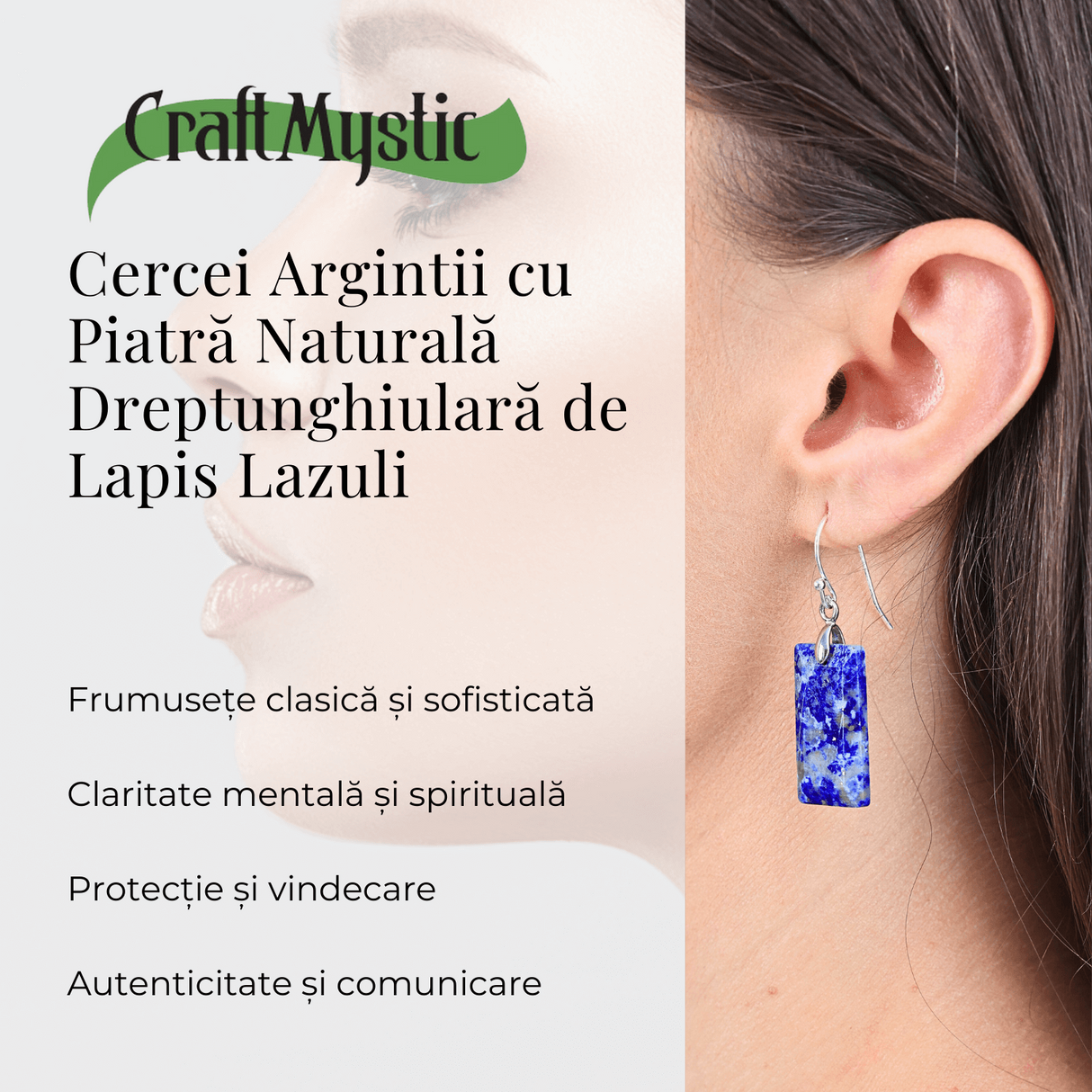 Cercei cu Pietre Semipretioase Lapis Lazuli dreptunghiular,i tortita argintie, pentru claritate si echilibru