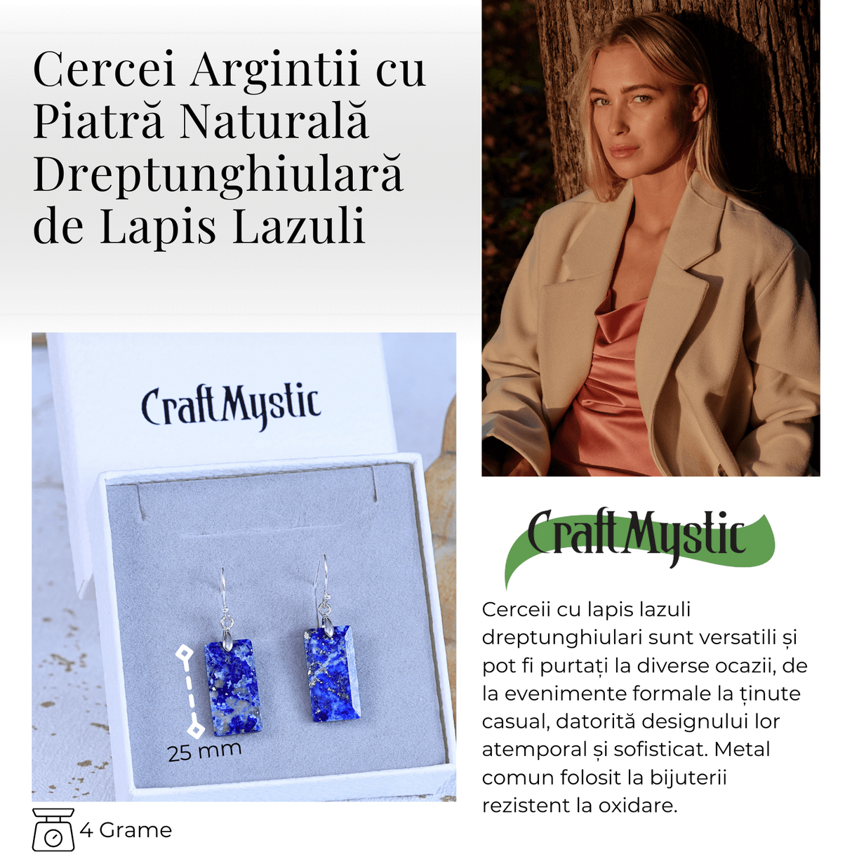 Cercei cu Pietre Semipretioase Lapis Lazuli dreptunghiular,i tortita argintie, pentru claritate si echilibru
