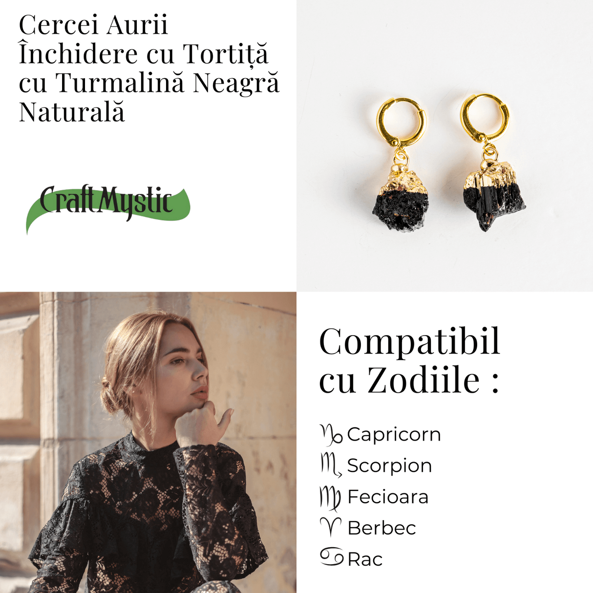 Cercei Aurii cu Turmalina Bruta Naturala – Protectie Energetica