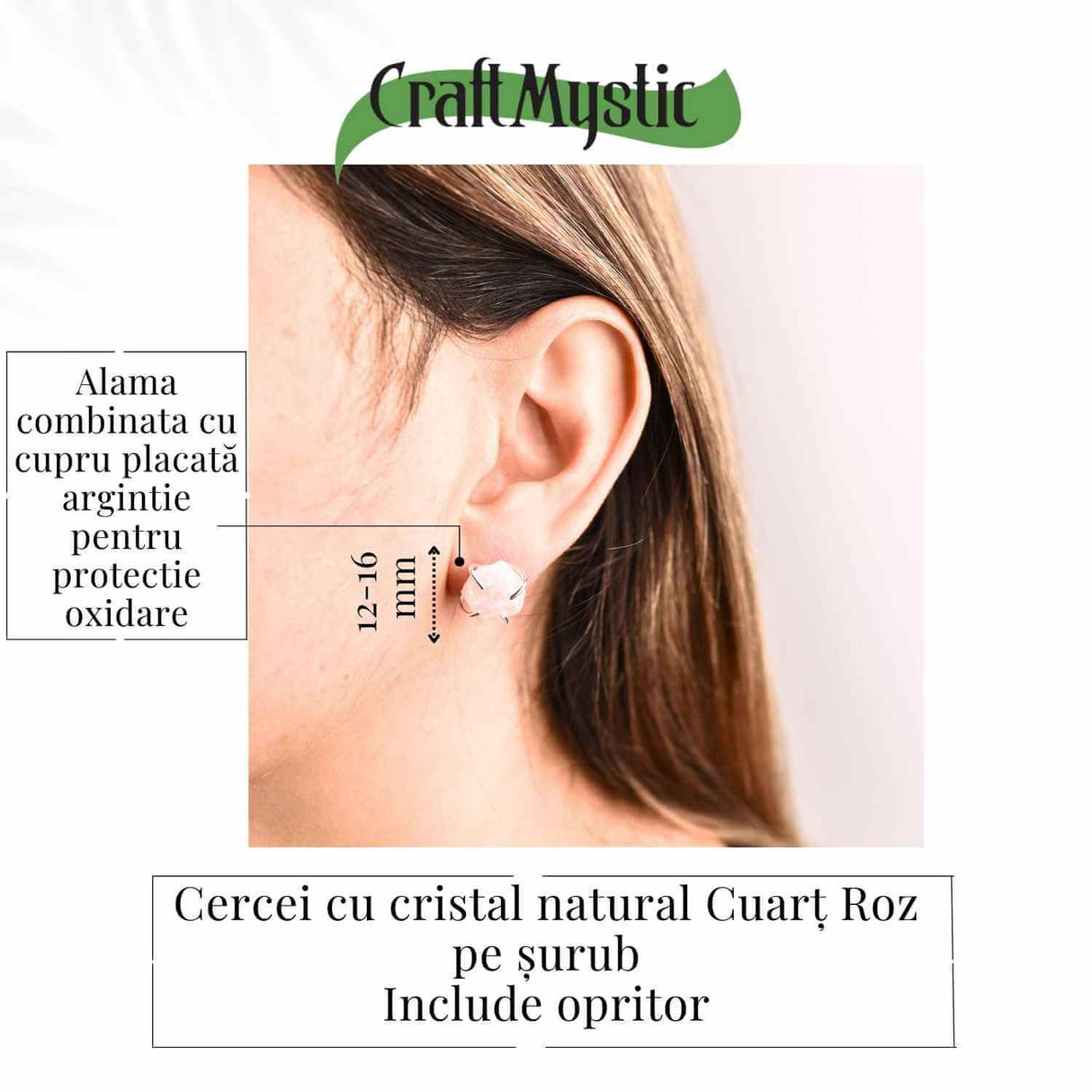 Cercei cu Cuart Roz Brut Inchidere Tija cu opritor– Iubire si Vindecare Emotionala