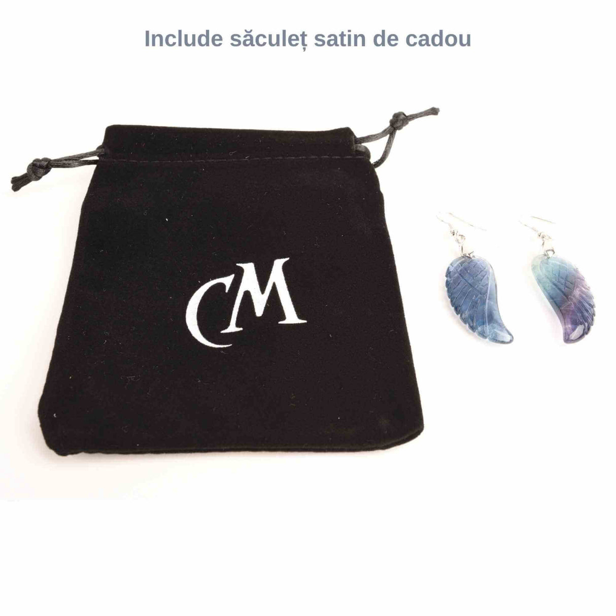 Cercei din cristal Flourit 4 cm, forma aripi de inger si saculet satin inclus - Pentru protectie